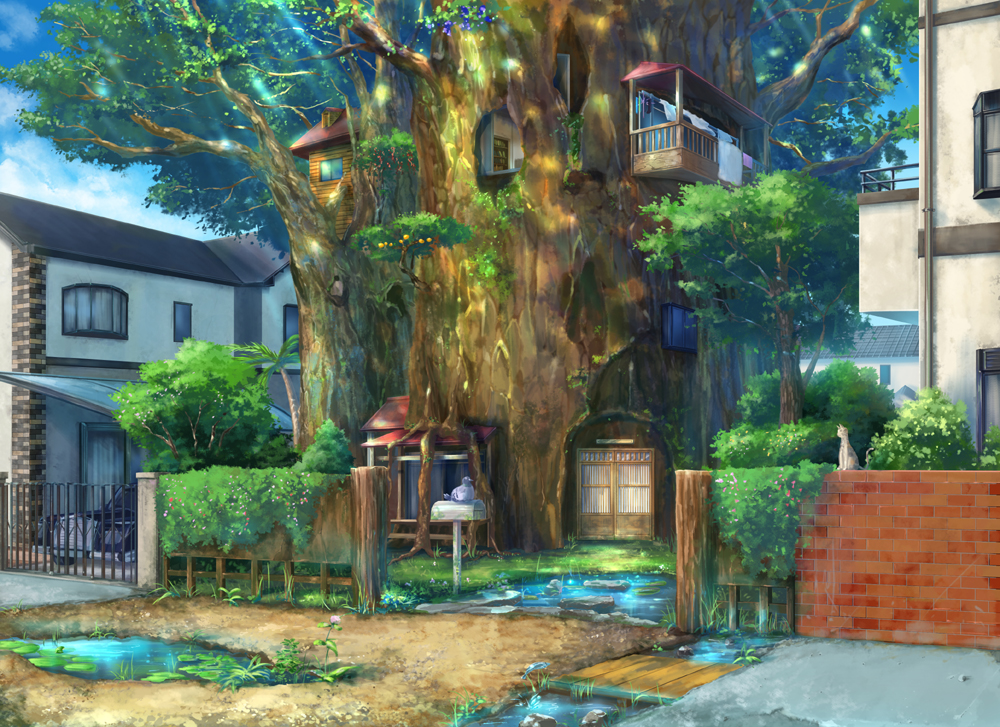 car, cat, door, gahakuna_kuroneko, house, landscape, mailbox, motor_vehicle, no_humans, original, pigeon, puddle, scenery, tree, treehouse, vehicle, water