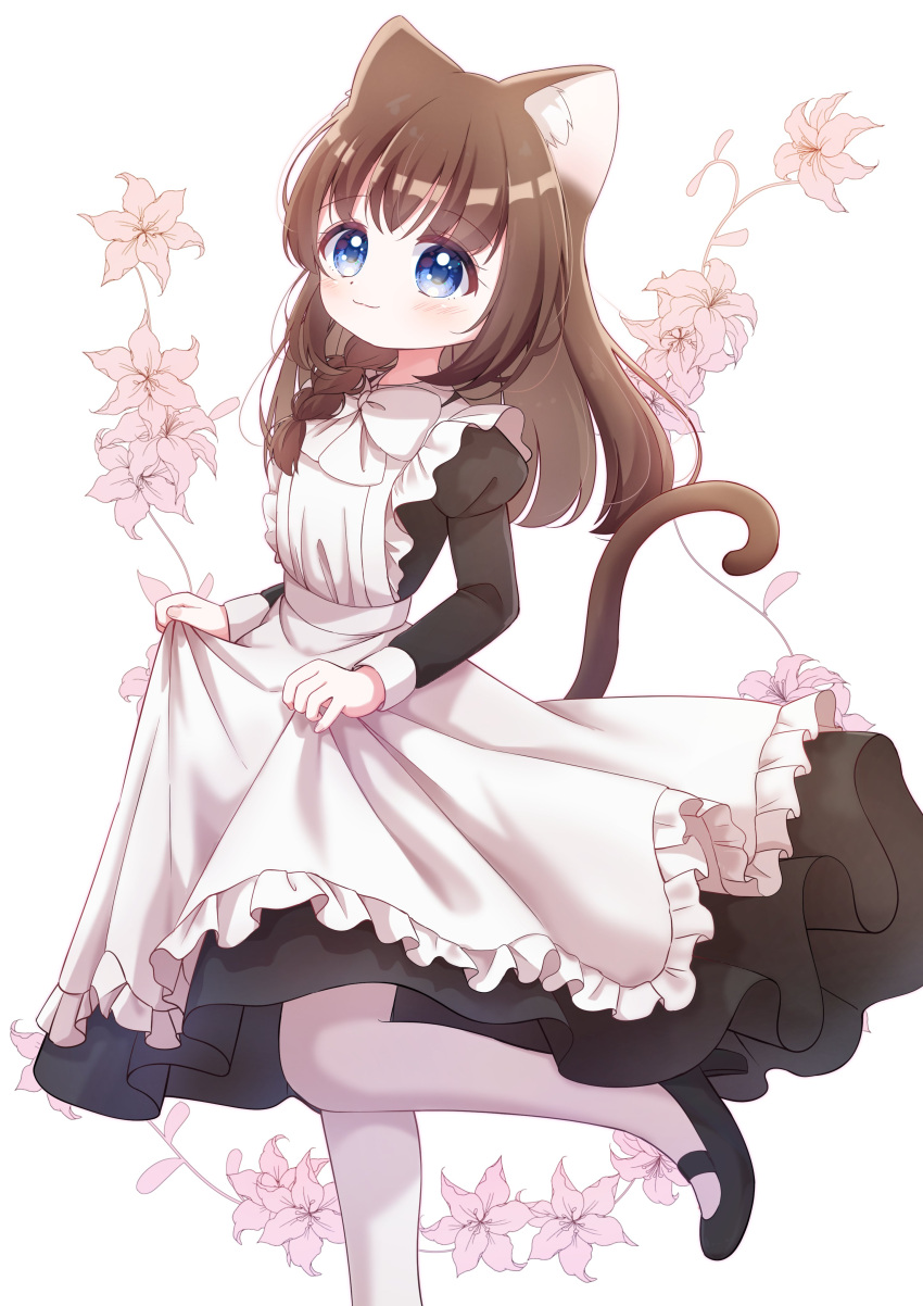 absurdres, animal_ear_fluff, animal_ears, aqua_eyes, black_shoes, braid, brown_hair, cat_ears, cat_girl, cat_tail, clothes_lift, commission, dress, dress_lift, flower, haruiroha, hat, highres, long_hair, looking_at_viewer, maid, mewry_(fuki_nyan), original, pink_flower, shoes, skeb_commission, smile, tail