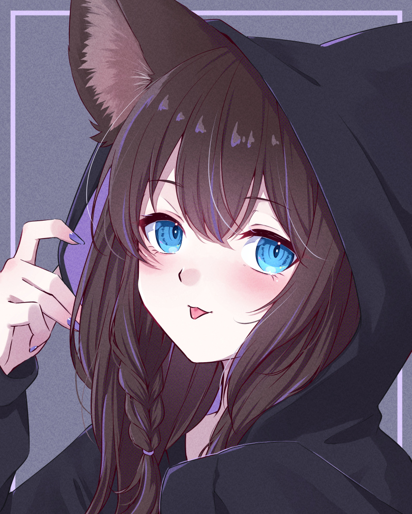 :p, absurdres, animal_ear_fluff, animal_ears, aqua_eyes, black_cloak, braid, brown_hair, cat_ears, cat_girl, cloak, commission, commissioner_upload, highres, hood, hooded_cloak, long_hair, looking_at_viewer, mewry_(fuki_nyan), mizore_arius, non-web_source, one_ear_under_headwear, original, purple_nails, skeb_commission, tongue, tongue_out