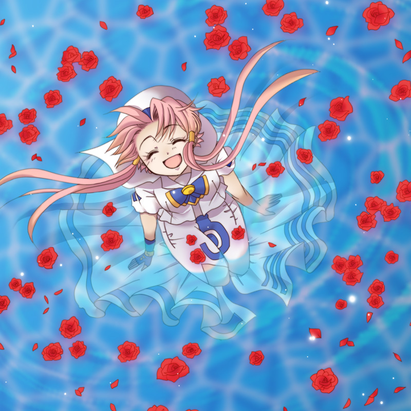 flower, from_above, happy, hat, mizunashi_akari, petals, pink_hair, red_rose