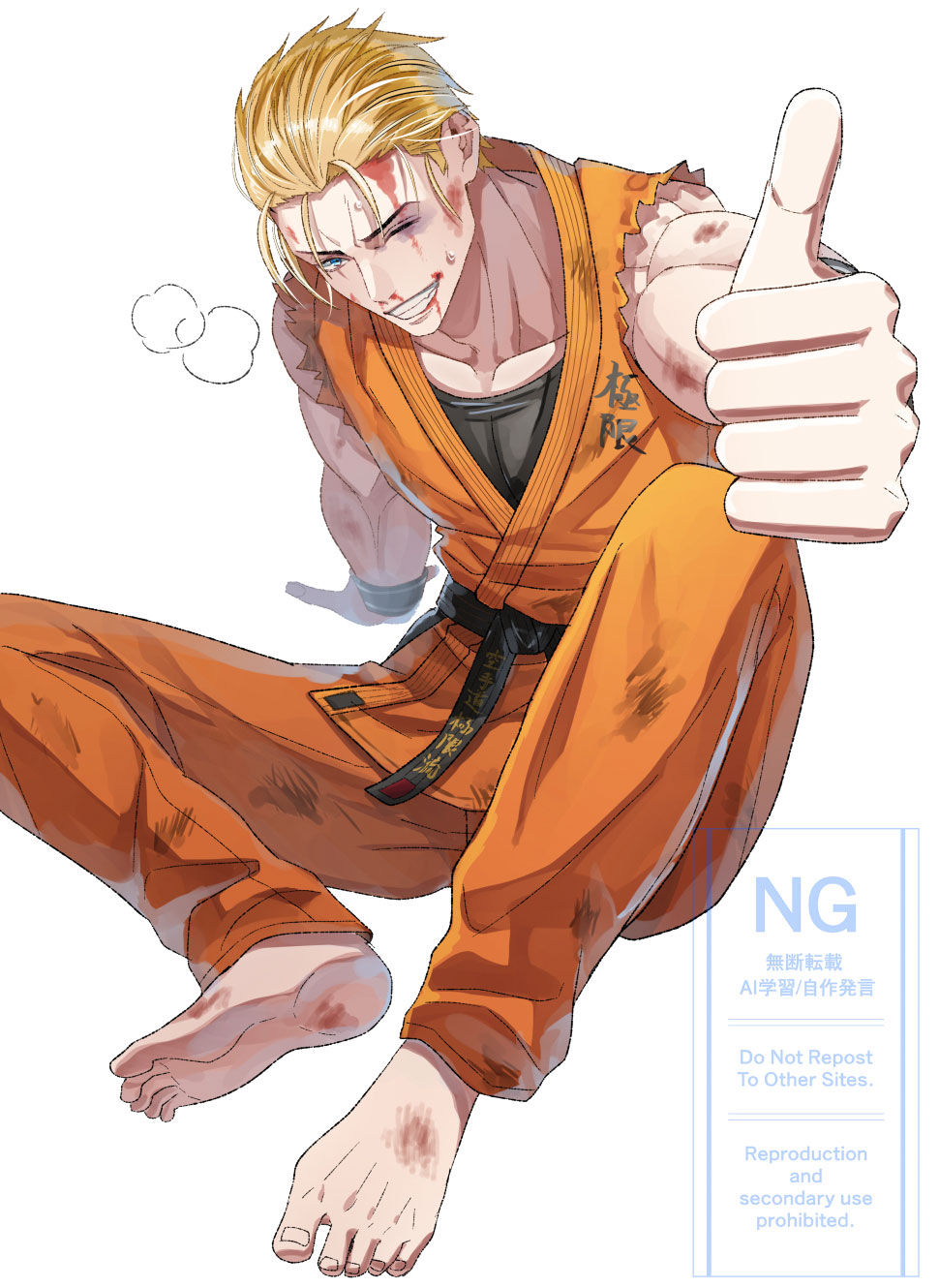 1boy, aosa_(jmzg2528), barefoot, belt, black_belt, blonde_hair, blood, blood_on_face, blue_eyes, bruise, bruise_on_arm, bruised_eye, collarbone, dougi, grin, hair_slicked_back, heavy_breathing, highres, injury, looking_at_viewer, male_focus, martial_arts_belt, muscular, muscular_male, one_eye_closed, orange_dougi, ryou_sakazaki, ryuuko_no_ken, short_hair, simple_background, sitting, smile, solo, sweatband, the_king_of_fighters, thumbs_up, white_background, wristband