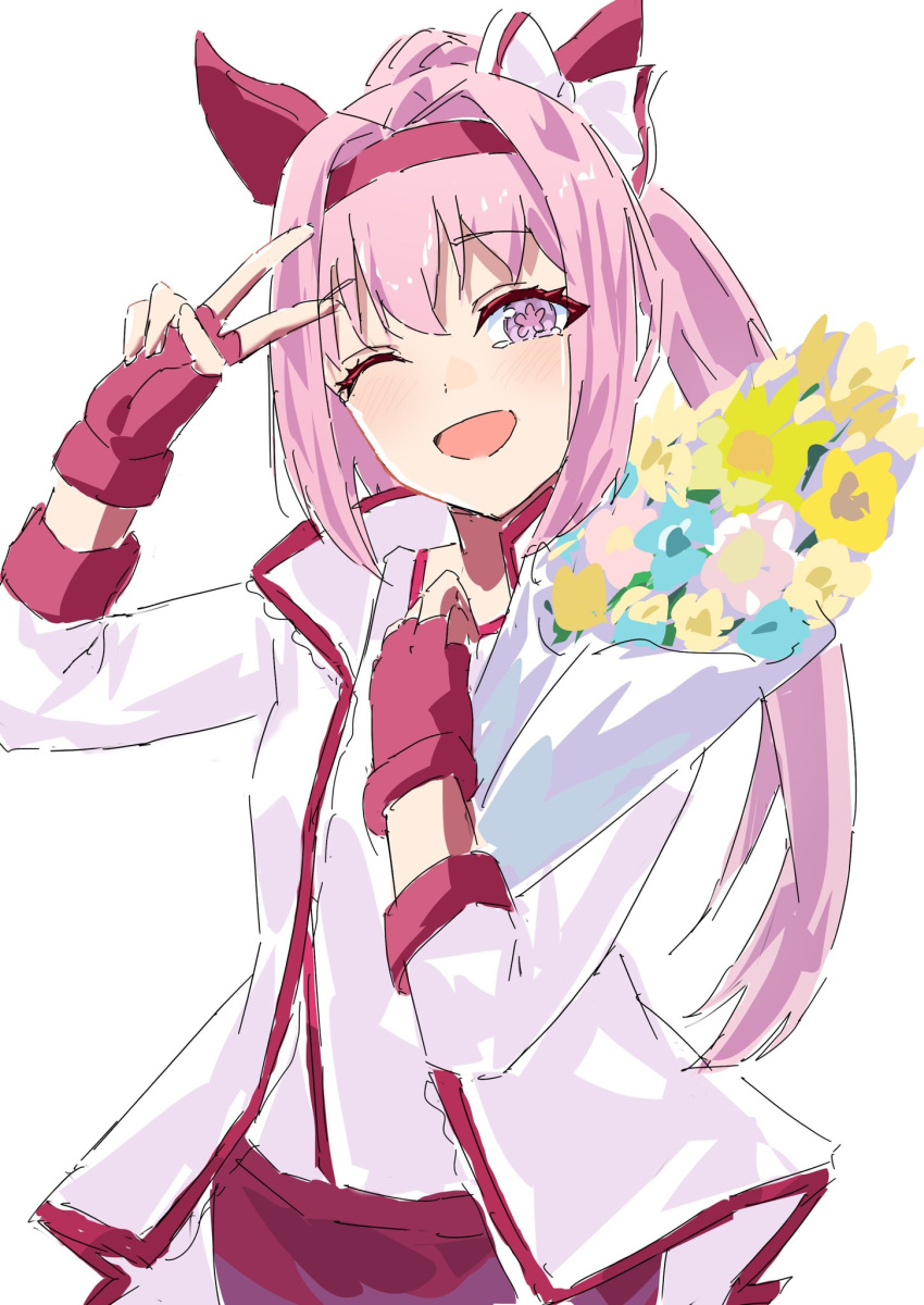 1girl, alumina_(kennmeidesu), animal_ears, blush, bouquet, bow, buruma, ear_bow