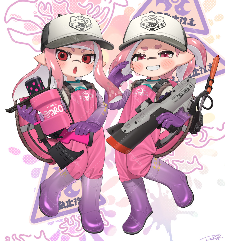 .52_gal_(splatoon), 2girls, baseball_cap, boots, commentary, commission, elbow_gloves, full_body