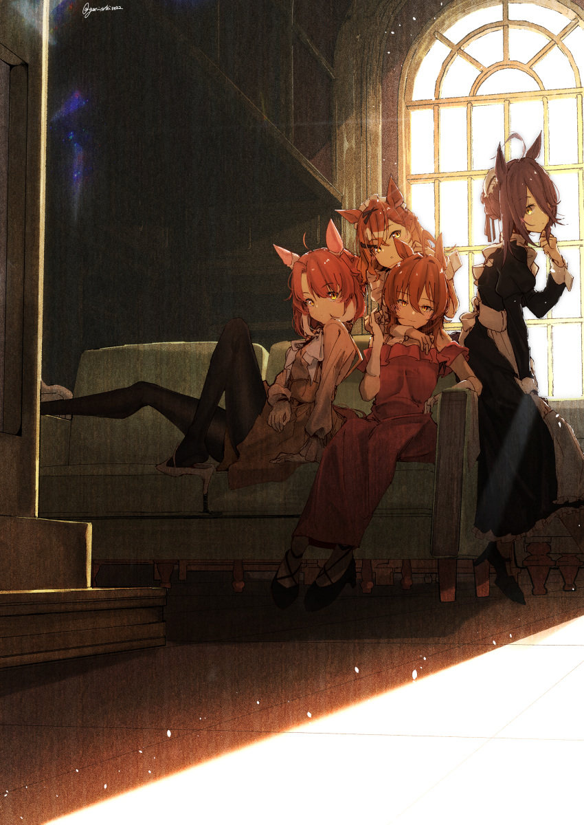 4girls, absurdres, agnes_tachyon_(umamusume), animal_ears, apron, bare_shoulders, black_dress, black_pantyhose