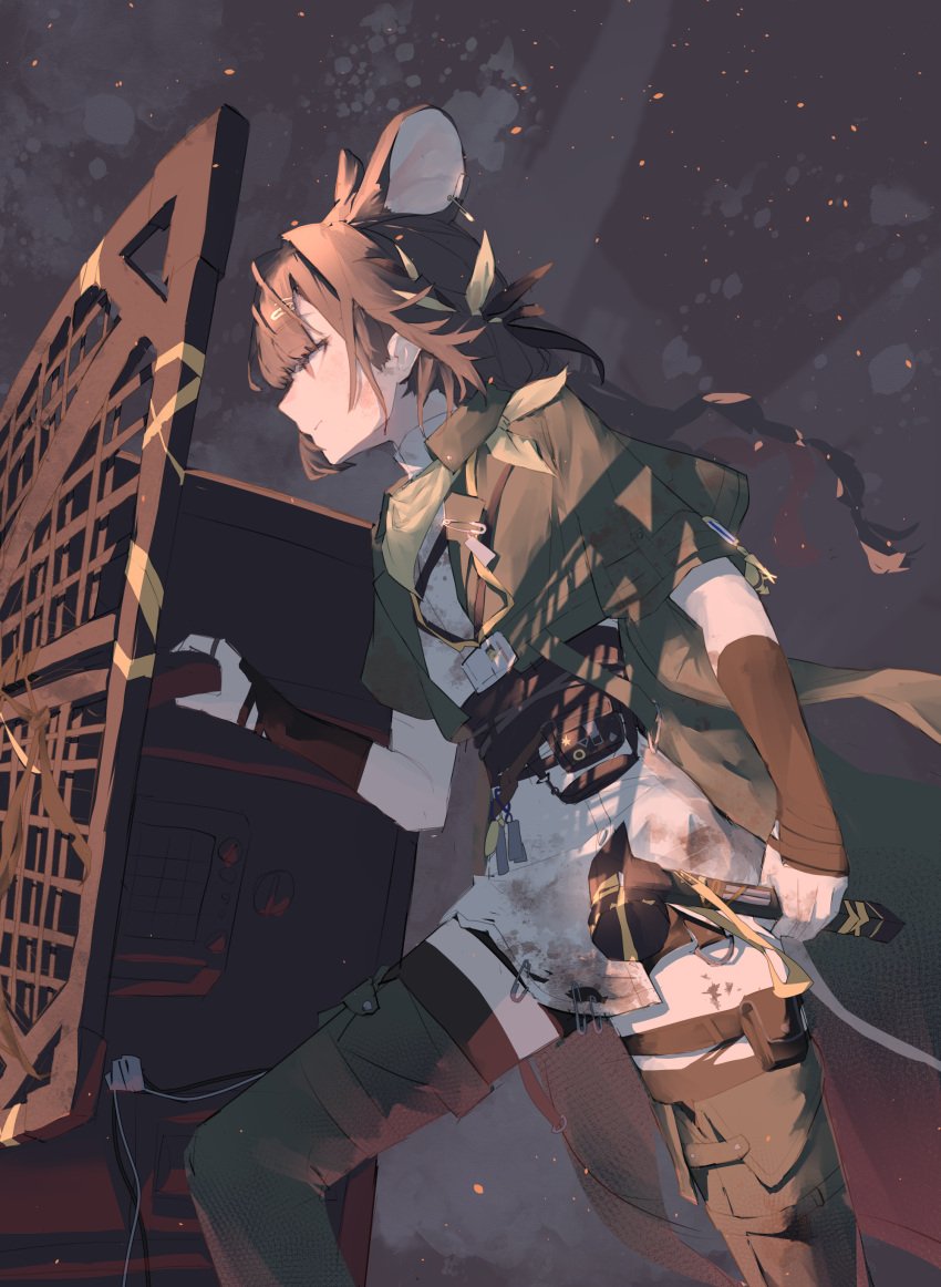 1girl, absurdres, animal_ears, arknights, ballistic_shield, black_hair, black_thighhighs, closed_mouth