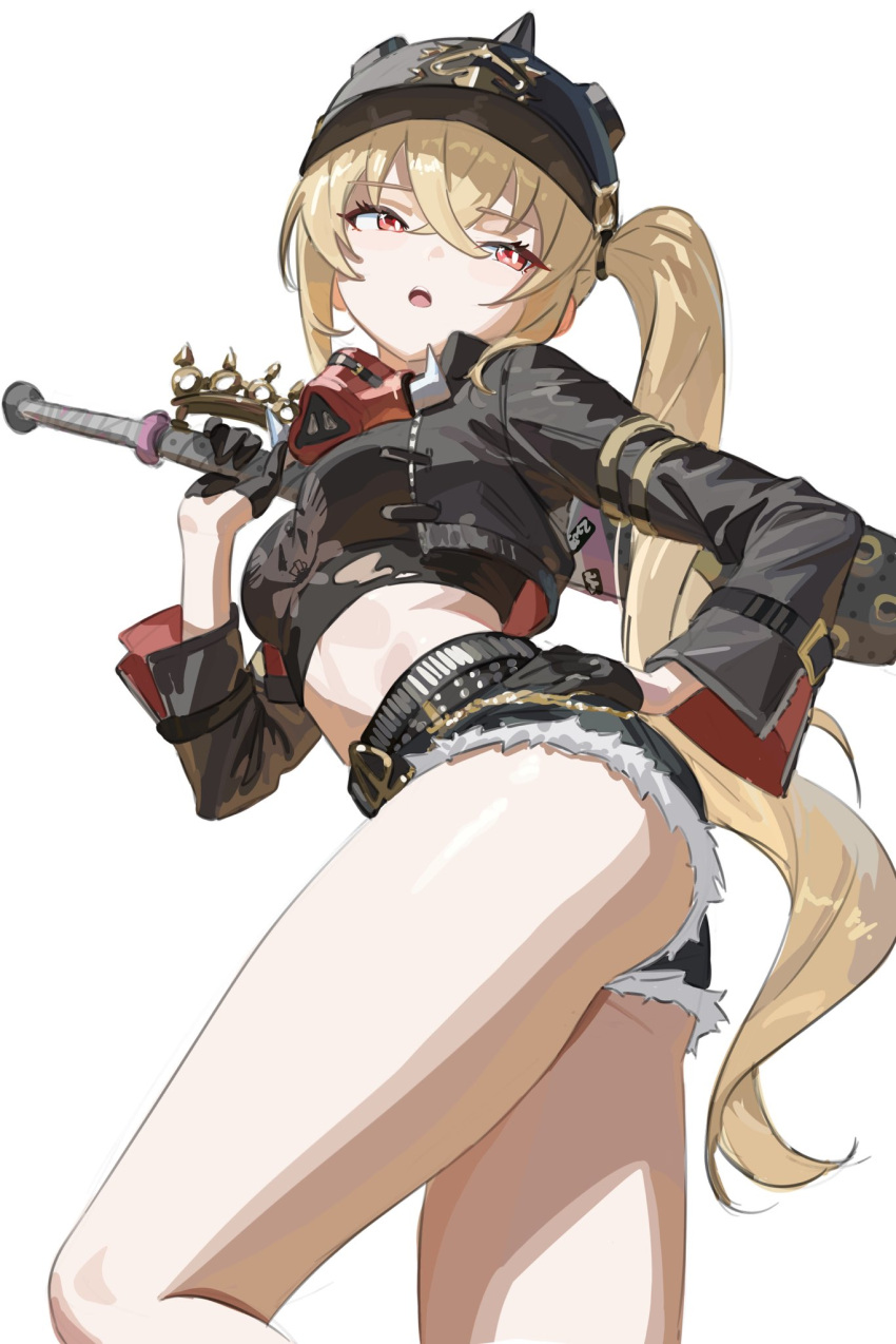 baseball_bat, biker_clothes, blonde_hair, female, hectorrambito, luciana_de_montefio, midriff, petite