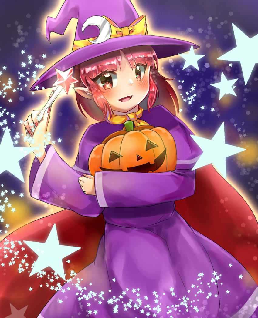bow, cloak, dress, halloween, hat, highres, holding, jack-o'-lantern, kirisame_marisa, kirisame_marisa_(pc-98), long_hair, pointy_ears, pumpkin, purple_dress, purple_hat, red_eyes, red_hair, red_har, short_hair, star_(symbol), touhou, touhou_(pc-98), vgrk3582, wand, witch, witch_hat