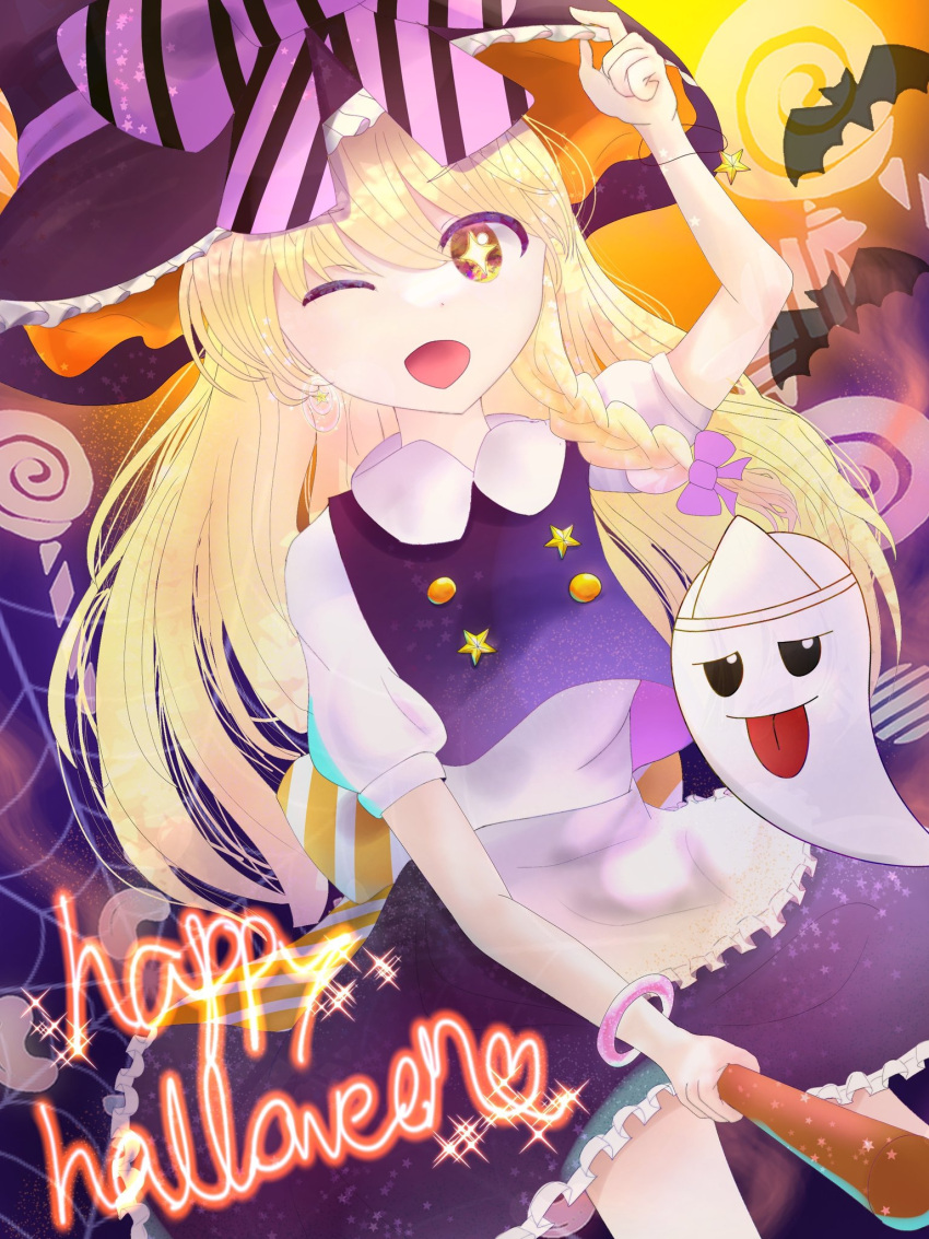 1girl, bakebake_(touhou), bat_(animal), blonde_hair, bow, bracelet, braid, broom, broom_riding, dress, ghost, hair_bow, halloween, happy_halloween, hat, hat_bow, highres, jewelry, kirisame_marisa, long_hair, pvyj7858, ribbon, short_sleeves, skirt, solo, touhou, touhou_(pc-98), witch_hat, wizard, yellow_eyes