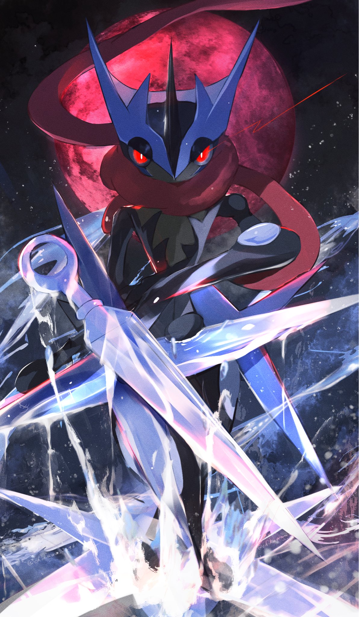 frog, greninja, highres, long_tongue, looking_at_viewer, mega_greninja, mega_pokemon, moon