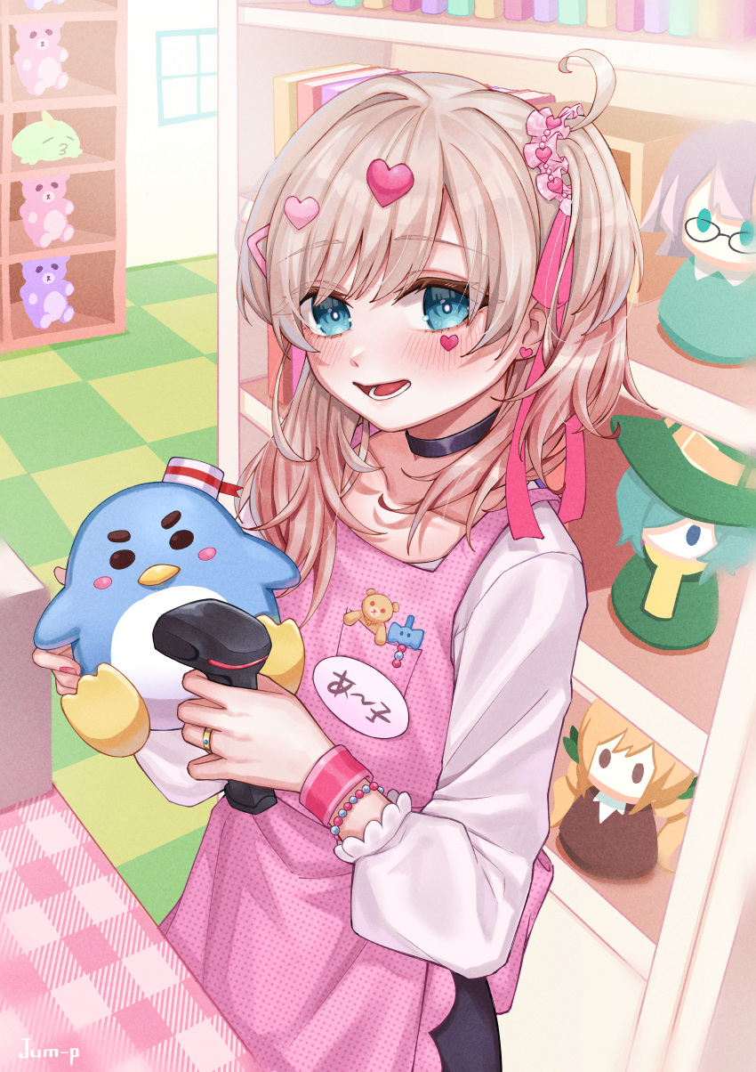 1girl, :d, absurdres, apron, artist_name, barcode_scanner, bead_bracelet, beads, black_choker, blonde_hair, blue_eyes, blush, bracelet, character_doll, checkered_floor, choker, commentary, doll, english_commentary, facial_mark, hair_ornament, hair_ribbon, hair_scrunchie, heart, heart_facial_mark, heart_hair_ornament, hifumi_suu, highres, holding, holding_barcode_scanner, inda_karane, indoors, jewelry, jjum_pp, kedarui_aashii, kimi_no_koto_ga_dai_dai_dai_dai_daisuki_na_100-nin_no_kanojo, long_hair, long_sleeves, looking_at_viewer, mark_under_eye, nakaji_uto, name_tag, one_side_up, open_mouth, pentarou_(hyakkano), pink_apron, pink_ribbon, ribbon, ring, scrunchie, shelf, shirt, smile, solo, stuffed_animal, stuffed_toy, teddy_bear, white_shirt, wristband