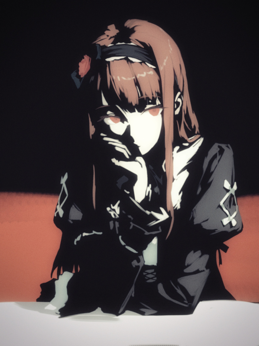 1girl, absurdres, arm_rest, black_hairband, brown_eyes, brown_hair, cobwvmeti, hairband