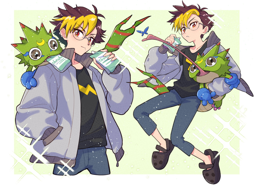 1boy, black_shirt, blonde_hair, blue_pants, brown_hair, cowboy_shot, digimon, digimon_(creature)