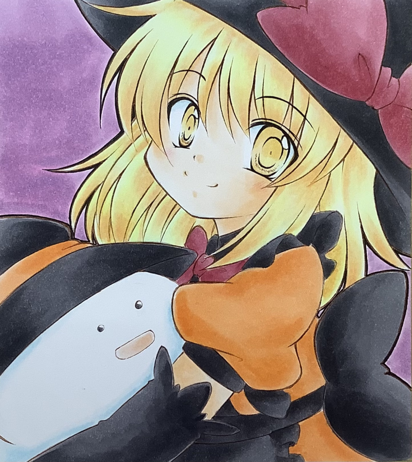 1girl, alternate_costume, blonde_hair, blush, bow, halloween, halloween_costume, hat