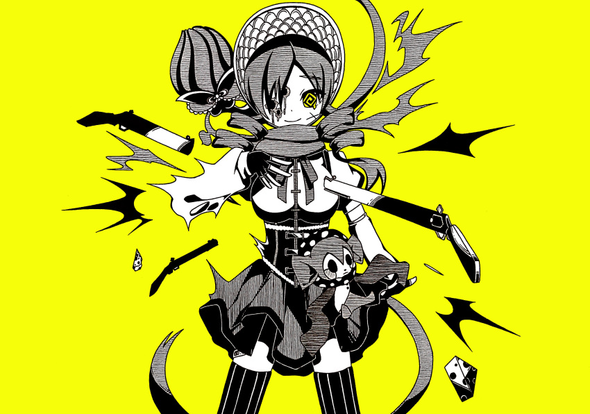 1girl, abstract, absurdres, antique_firearm, charlotte_(madoka_magica), cheese, doll, food