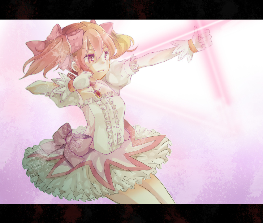 bow_(weapon), dress, frills, gloves, hair_bow, hair_ornaments, highres, kaname_madoka, letterboxed, magical_girl, mahou_shoujo_madoka_magica, pink_eyes, pink_hair, ribbon, shishina, smile, solo, twintails, weapn