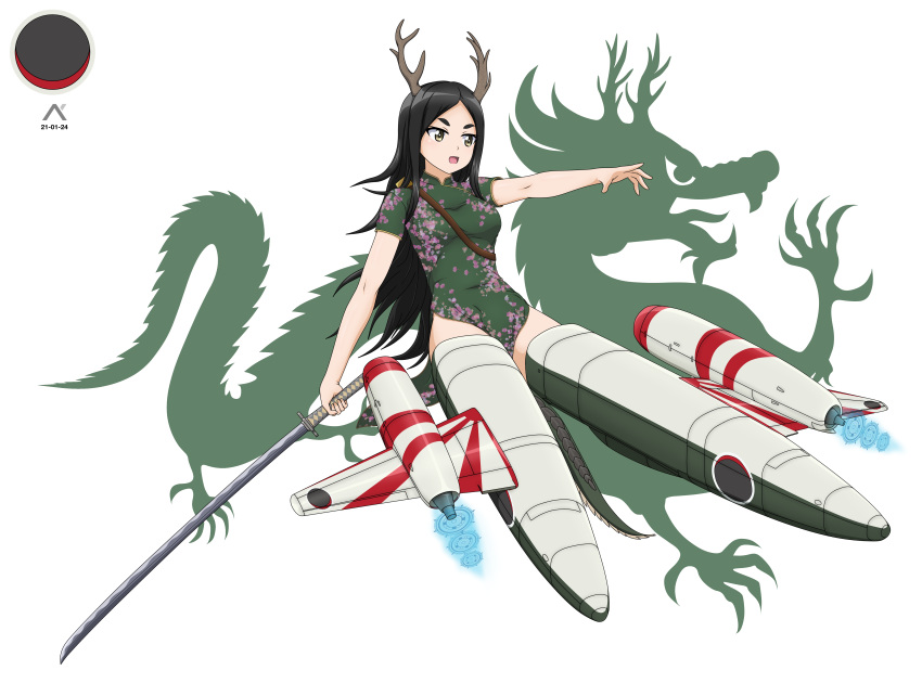 1girl, absurdres, acrux, alternate_costume, black_hair, breasts, brown_eyes, dragon_girl