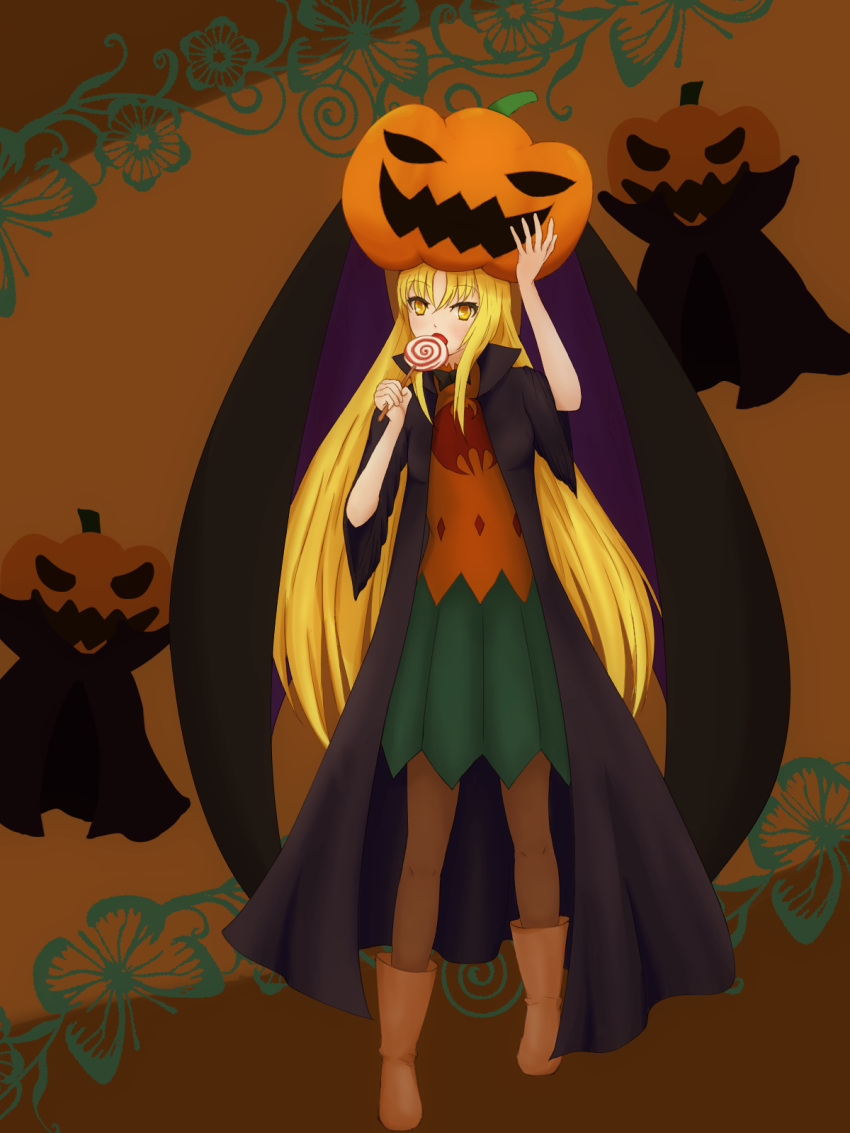 1girl, alternate_costume, bat_wings, blonde_hair, boots, brown_boots, brown_pantyhose, candy
