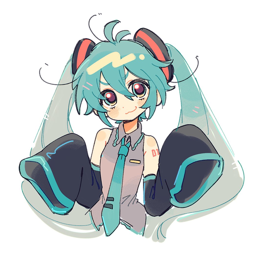 >:), 1girl, :3, ahoge, antenna_hair, aqua_eyes, aqua_hair, aqua_necktie, bare_shoulders, black_sleeves, detached_sleeves, double-parted_bangs, hair_between_eyes, hatsune_miku, long_hair, looking_at_viewer, messy_hair, necktie, number_tattoo, shirt, sleeveless, sleeveless_shirt, sleeves_past_fingers, sleeves_past_wrists, solo, suuroku, tattoo, twintails, v-shaped_eyebrows, vocaloid, white_background