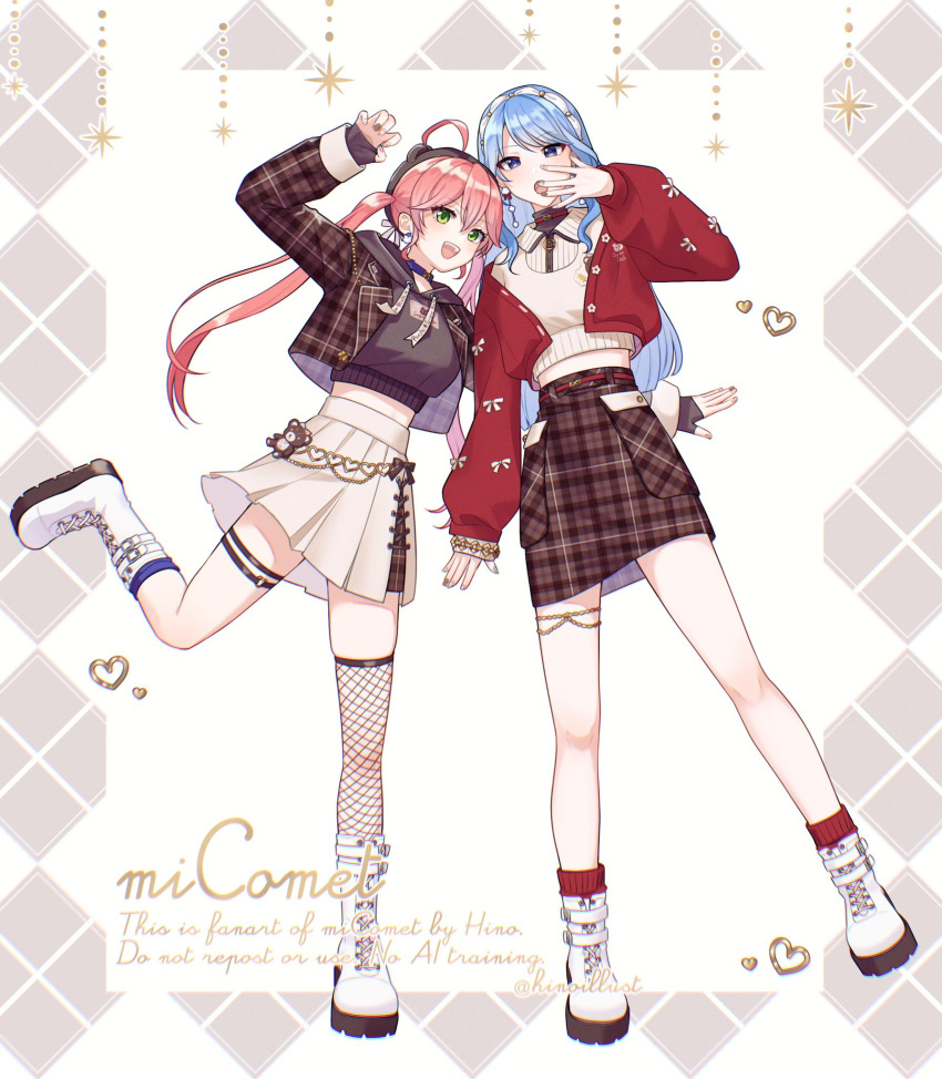 2girls, ahoge, blue_eyes, blue_hair, green_eyes, highres, hino_hikaran_(artist), hololive