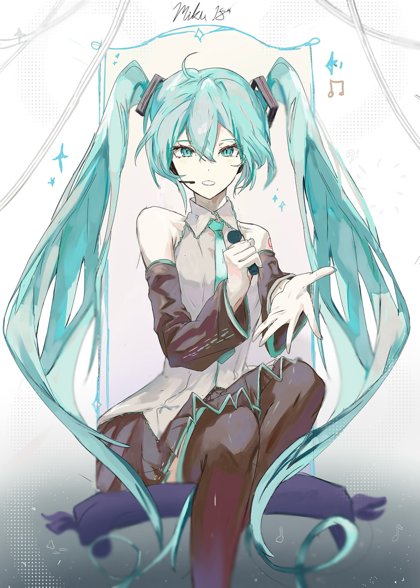 1girl, absurdres, aqua_hair, aqua_necktie, black_skirt, black_thighhighs, commentary, detached_sleeves, grey_shirt, hair_between_eyes, hatsune_miku, highres, holding, holding_microphone, kahuna90231217, long_hair, long_sleeves, looking_at_viewer, microphone, necktie, open_mouth, pleated_skirt, shirt, sitting, skirt, sleeveless, sleeveless_shirt, solo, thigh-highs, twintails, very_long_hair, vocaloid