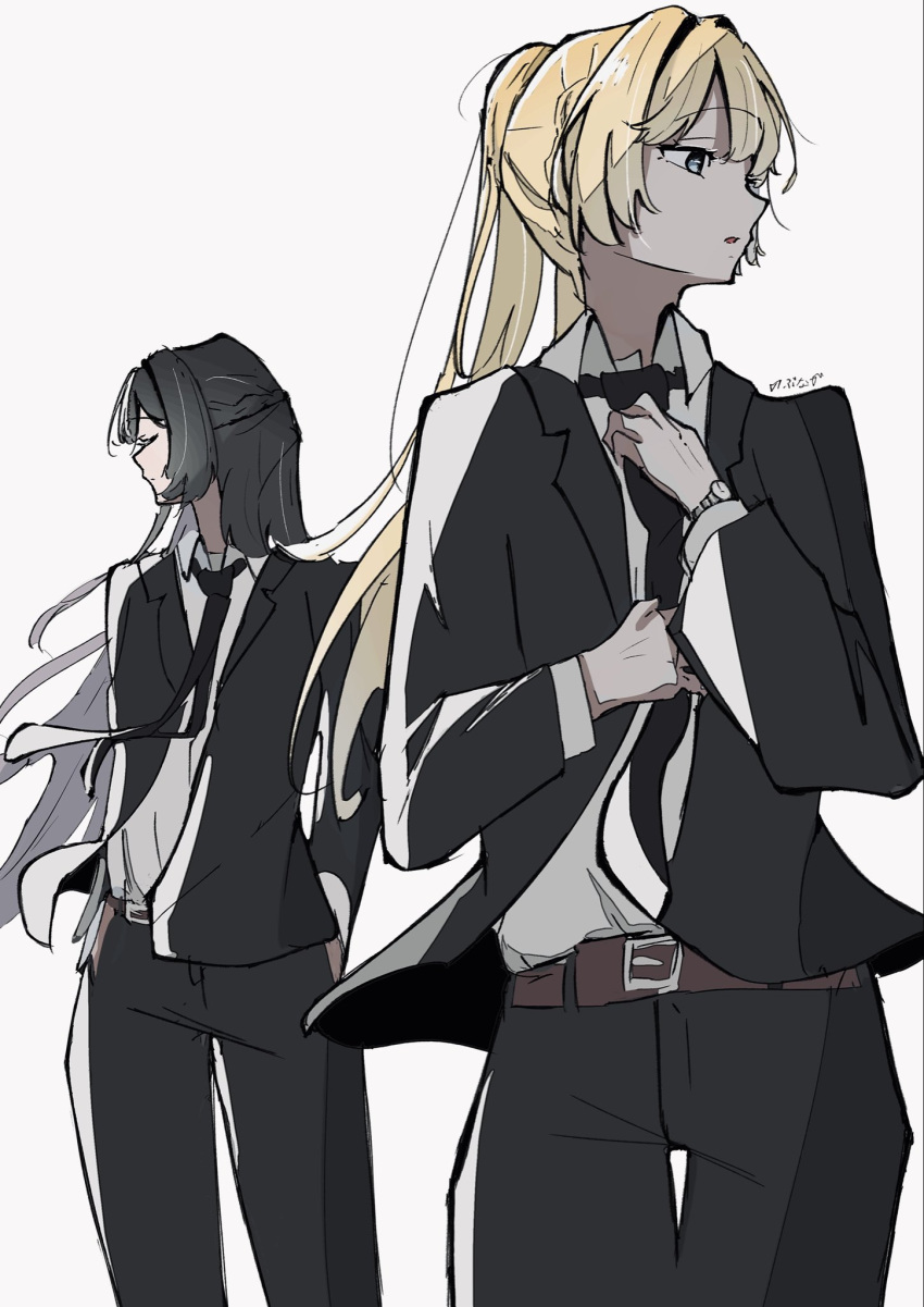 2girls, black_hair, black_jacket, black_necktie, black_pants, blonde_hair, commentary, half_updo