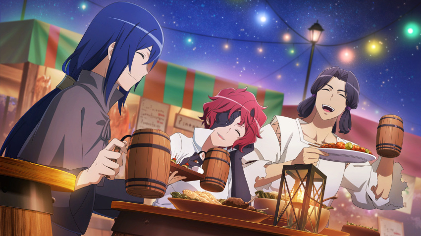 1girl, 2boys, :d, anime_coloring, black_gloves, black_hair, blue_hair, bowl