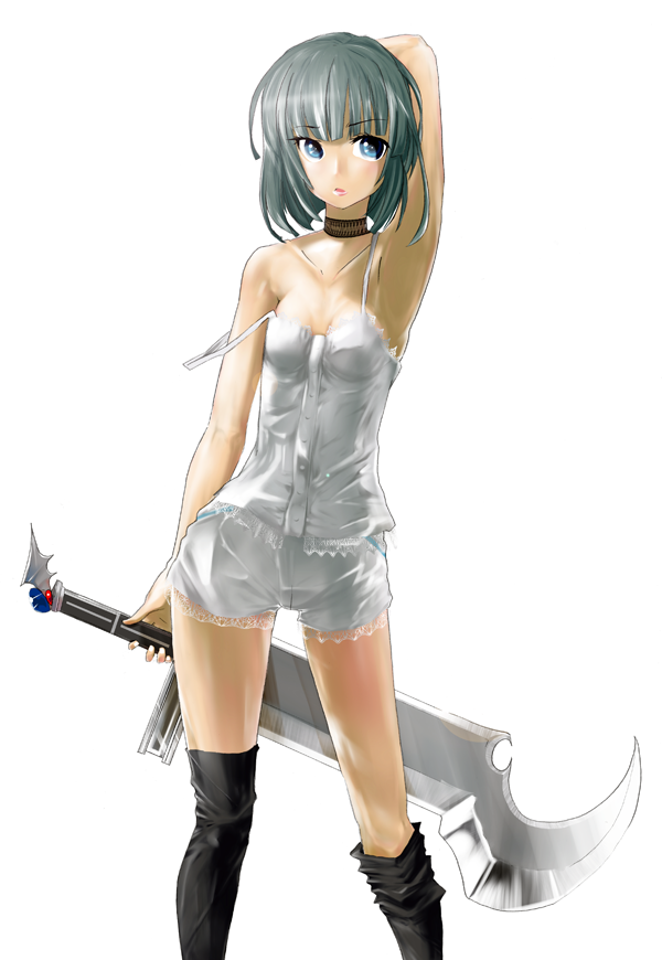 arm_up, bloomers, blue_eyes, camisole, choker, collarbone, fantasy, grey_hair, hand_behind_head, kurishiro, lace, loose_thighhigh, original, shorts, solo, strap_slip, sword, tank_top, thighhighs, weapon