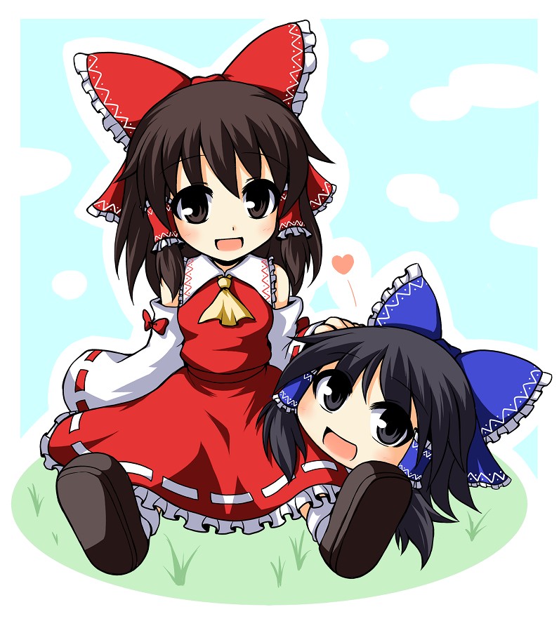black_hair, blue_sky, bow, brown_hair, chibi, detached_sleeves, dress, grey_eyes