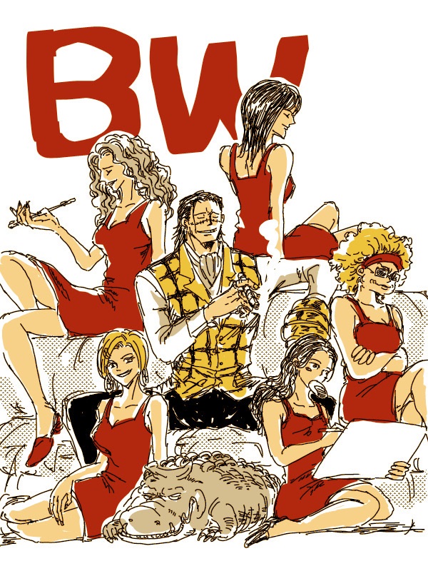 1boy, 5girls, back, bananawani_(one_piece), blonde_hair, blush_stickers, cigar, closed_eyes