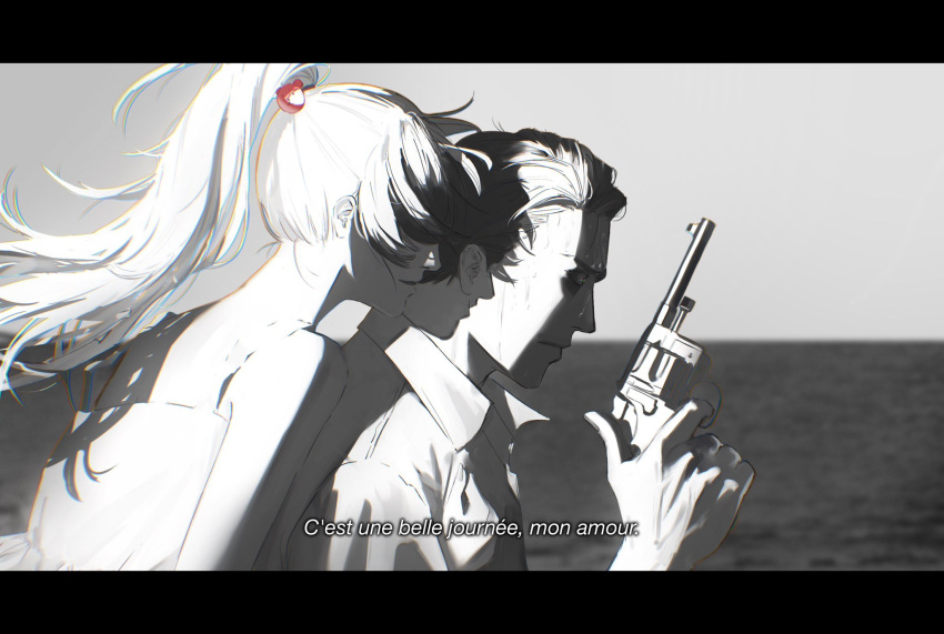 1boy, 1girl, beach, carmen_(project_moon), greyscale, gun, highres, hvcassini98, limbus_company, long_hair, meursault_(project_moon), monochrome, ocean, project_moon, revolver, scared, suit, sweat, sweatdrop, translation_request, weapon