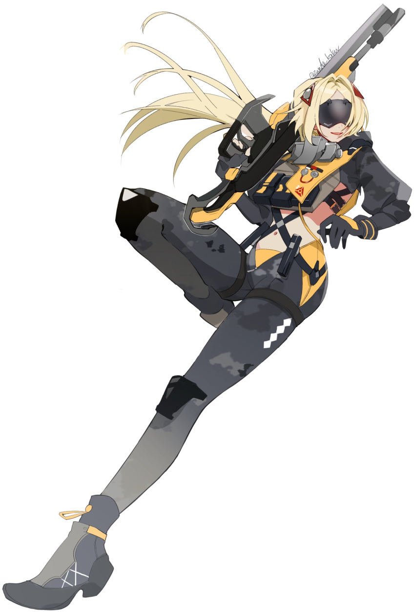 1girl, asymmetrical_gloves, black_gloves, black_pants, blindfold, blindfold_mask, blonde_hair, camouflage