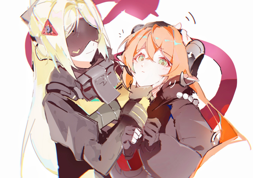 2girls, asymmetrical_gloves, black_horns, black_jacket, blonde_hair, chinese_commentary, coloki, commentary_request