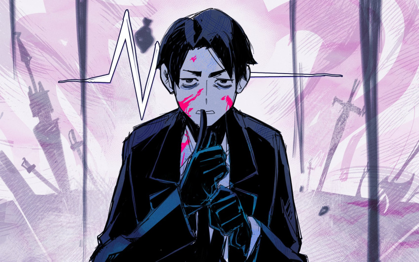 1boy, 4th_chaos_emerald, alt_text, axe, bags_under_eyes, black_eyes, black_gloves, black_hair