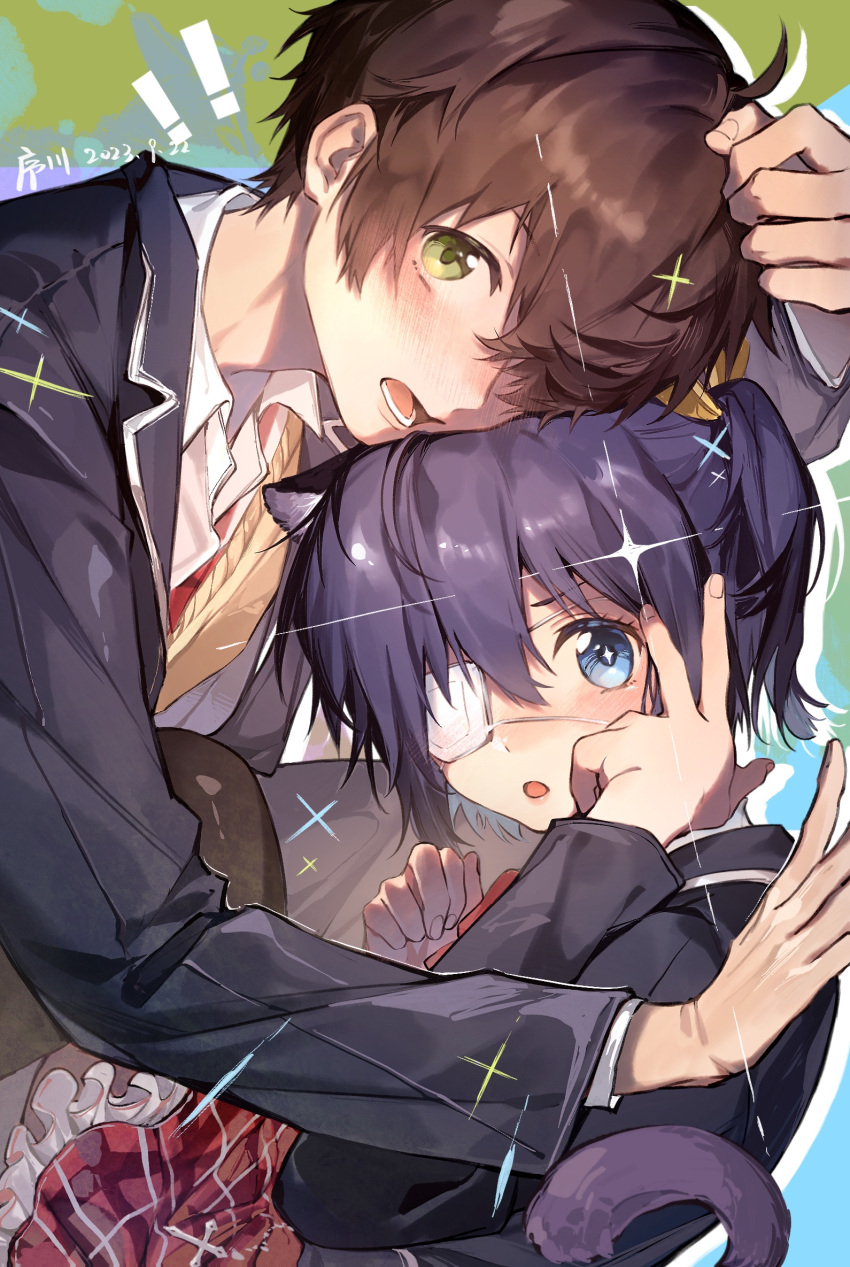 !, !!, 1boy, 1girl, animal_ears, black_jacket, blazer, blue_eyes, brown_hair, cat_ears, cat_girl, chuunibyou_demo_koi_ga_shitai!, collared_shirt, dated, eyepatch, green_eyes, hair_over_one_eye, highres, icho_private_high_school_uniform, jacket, kemonomimi_mode, long_sleeves, looking_at_viewer, lower_teeth_only, medical_eyepatch, open_mouth, plaid_clothes, plaid_skirt, purple_hair, red_skirt, school_uniform, shirt, short_hair, skirt, takanashi_rikka, teeth, togashi_yuuta, white_shirt, xuchuan