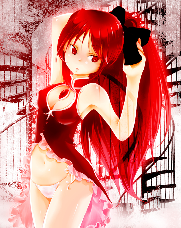bad_id, bare_shoulders, bow, breasts, cleavage, cleavage_cutout, hair_bow, long_hair, magical_girl, mahou_shoujo_madoka_magica, mori3, navel, no_pants, panties, ponytail, red_eyes, red_hair, redhead, sakura_kyouko, sleeveless, solo, staircase, stairs, tying_hair, underwear