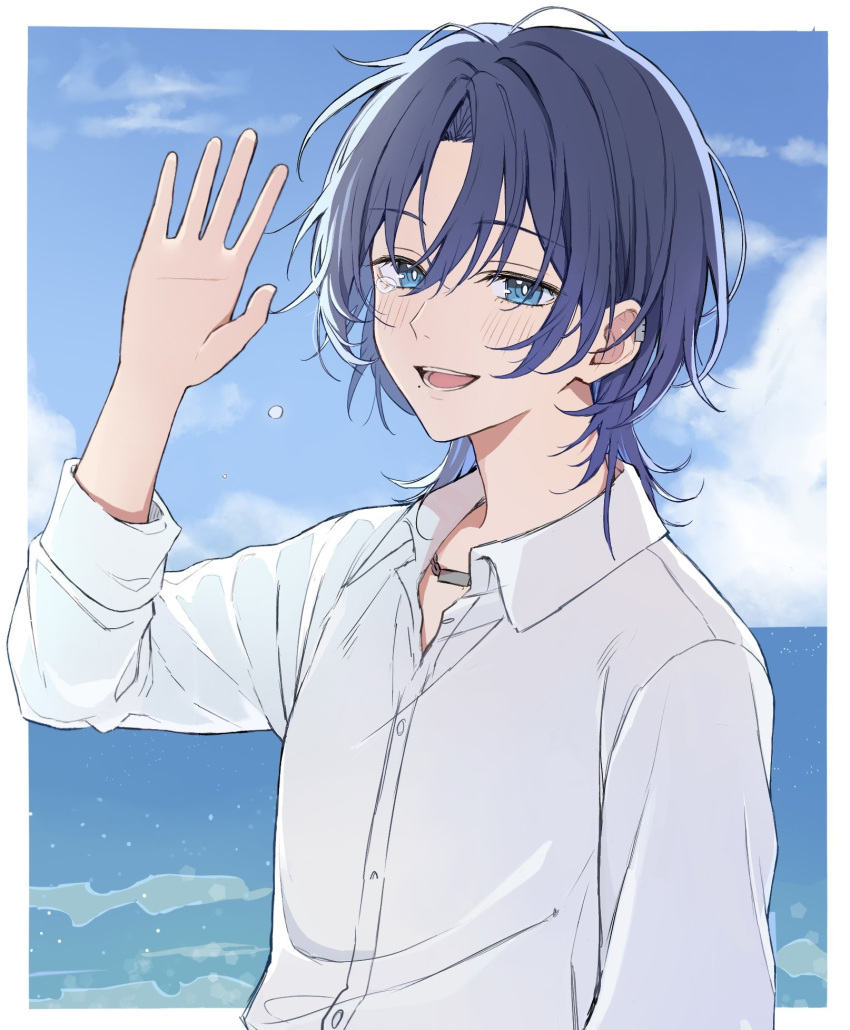 1girl, blue_eyes, blue_hair, border, commentary_request, dress_shirt, highres, hiodoshi_ao