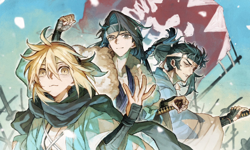 1girl, 2boys, aqua_haori, arm_guards, bandaged_hand, bandages, black_bow, black_hair