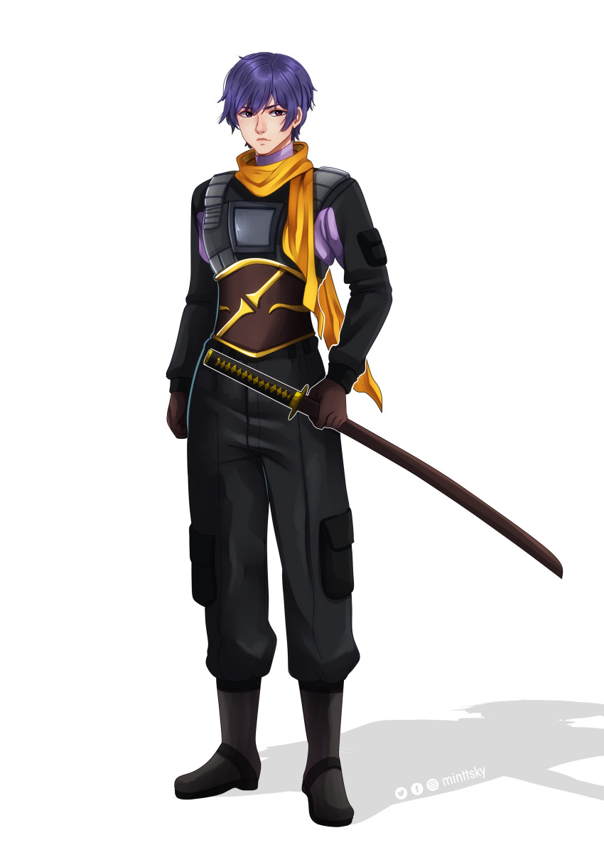 1boy, absurdres, aged_up, akiyama_tatsurou, blue_hair, boatmormon, boots, brown_boots