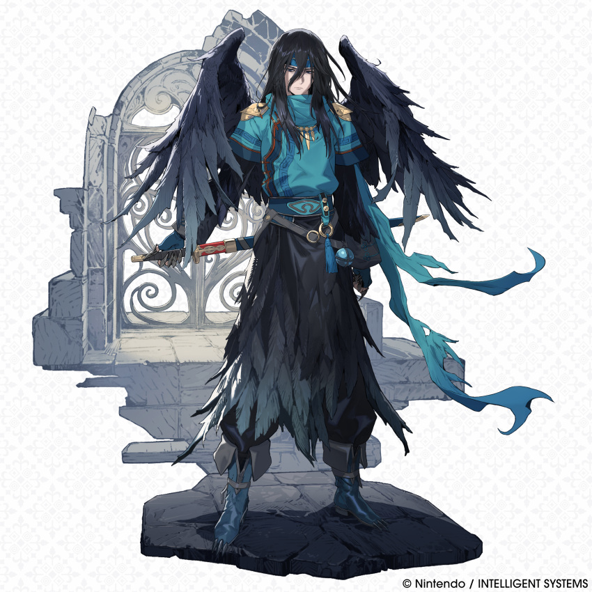 1boy, absurdres, artist_request, bags_under_eyes, black_hair, black_wings, blue_eyes, commentary, company_name, english_commentary, feathered_wings, fire_emblem, fire_emblem_shadows, full_body, headband, highres, long_hair, male_focus, official_art, sheath, sheathed, solo, standing, sword, weapon, wings, zasha_(fire_emblem)
