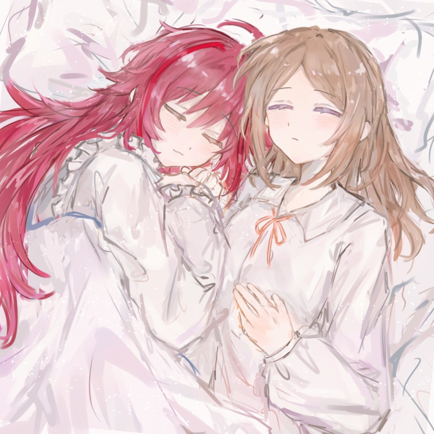 ???_(assault_lily), ahoge, assault_lily, bed_sheet, blush, bukejie, chinese_commentary, closed_eyes