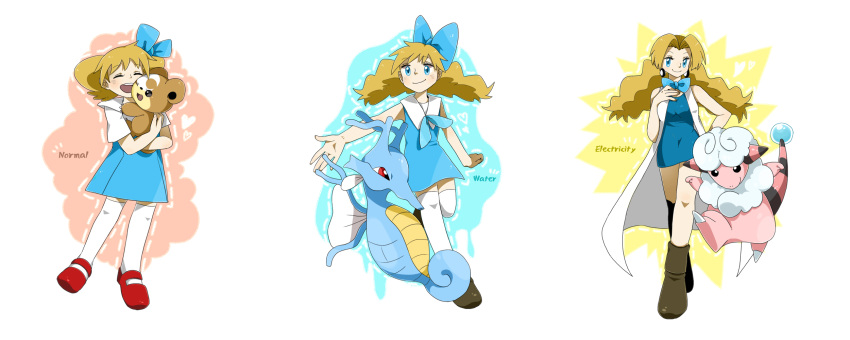 1girl, age_progression, animal, blue_bow, blue_dress, blue_eyes, blue_skirt, boots, bow, brown_hair, child, closed_eyes, dress, flaaffy, go-mikihappy, hair_bow, highres, holding, holding_animal, kingdra, lab_coat, mary_janes, molly_hale, pokemon, pokemon_(anime), pokemon_(classic_anime), pokemon_(creature), pokemon_3:_the_movie_-_spell_of_the_unown:_entei, red_eyes, red_shoes, shoes, skirt, smile, socks, teddiursa, thigh-highs, twintails, white_socks, white_thighhighs