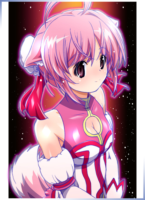 1girl, ahoge, animal_ears, bare_shoulders, blush, breasts, dog_days, dog_ears