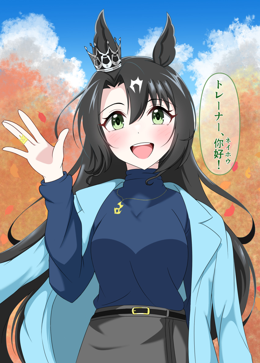 :d, absurdres, abyss_kpn_(ki), alternate_hairstyle, animal_ears, black_hair, blue_coat, blue_sweater