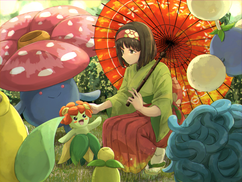 1girl, :d, bellossom, black_eyes, black_hair, blush, day, erika_(pokemon)