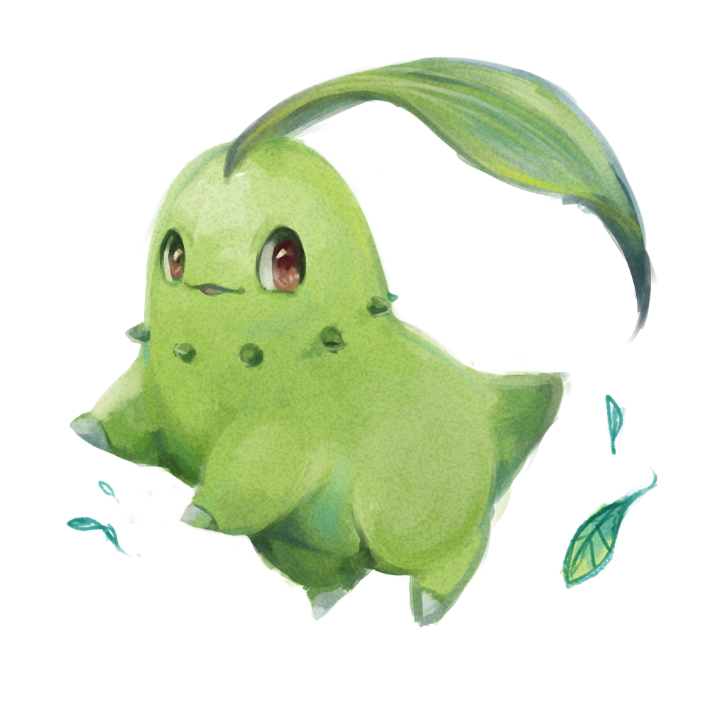 chikorita, full_body, komeda_arufa, looking_at_viewer, no_humans, pokemon, solo, white_background