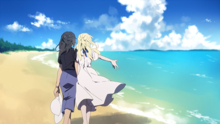 andou_(girls_und_panzer), beach, black_hair, black_shirt, blonde_hair, blue_dress, blue_sea, blue_sky, blue_trousers, cloudy_sky, dark-skinned_female, oshida_(girls_und_panzer), white_dress, white_hat, wristband, yuri