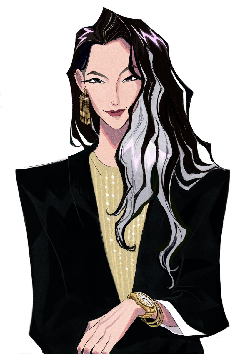 1girl, ami_thompson, black_hair, black_jacket, bracelet, celine_(kpop_demon_hunters), closed_mouth, commentary, earrings, english_commentary, eyelashes, grey_hair, highres, jacket, jewelry, kpop_demon_hunters, long_hair, multicolored_hair, simple_background, smile, solo, two-tone_hair, upper_body, watch, watch, white_background