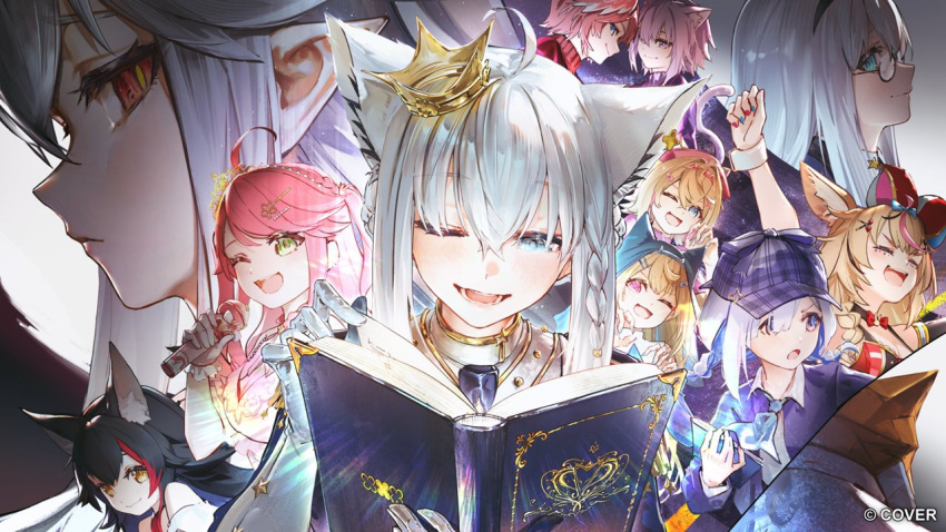 6+girls, :o, ;d, ahoge, alternate_costume, alternate_hairstyle, amane_kanata, animal_ear_fluff