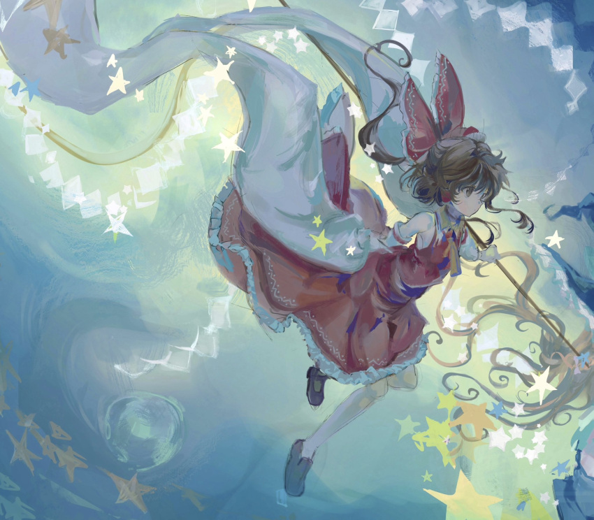 1girl, :o, bare_shoulders, bow, brown_eyes, brown_hair, commentary, detached_sleeves