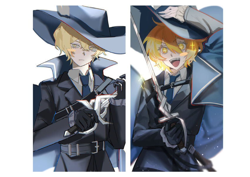 +_+, 1boy, 1girl, belt, black_belt, black_gloves, black_jacket, blonde_hair